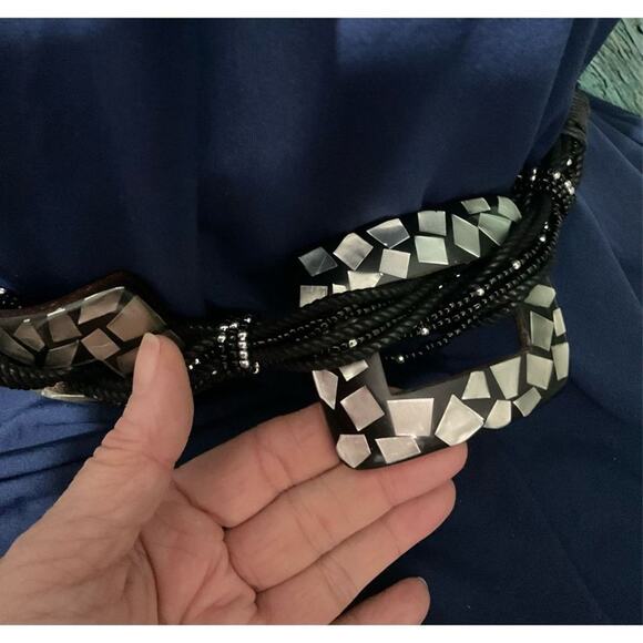 NEW Chico’s Boho Beaded Belt Size M/L Black Silver Acrylic & Leather Adjustable - Picture 8 of 14